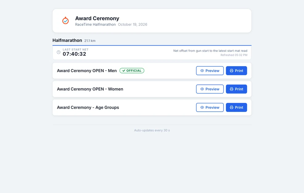 Public award-ceremony link - per competition it shows the last-start time plus the reports list with Preview and Print, auto-updating