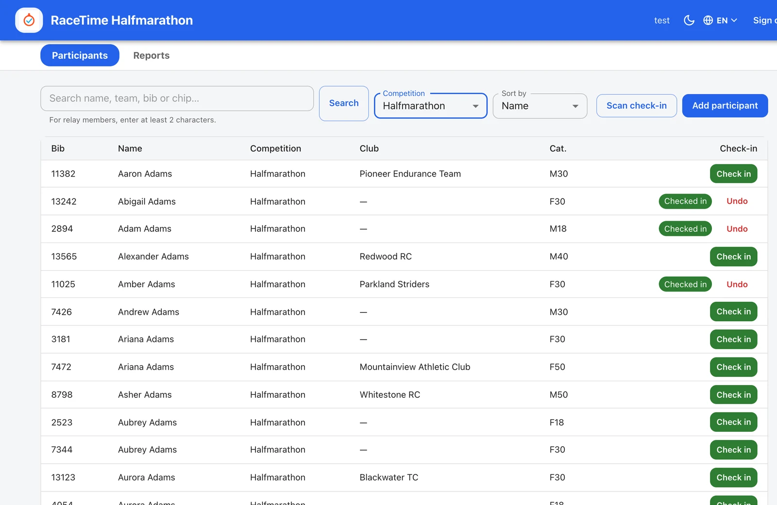 Portal Participants tab - a scoped list with bib, name, competition, club and category, a search box, competition and sort controls and an Add participant button