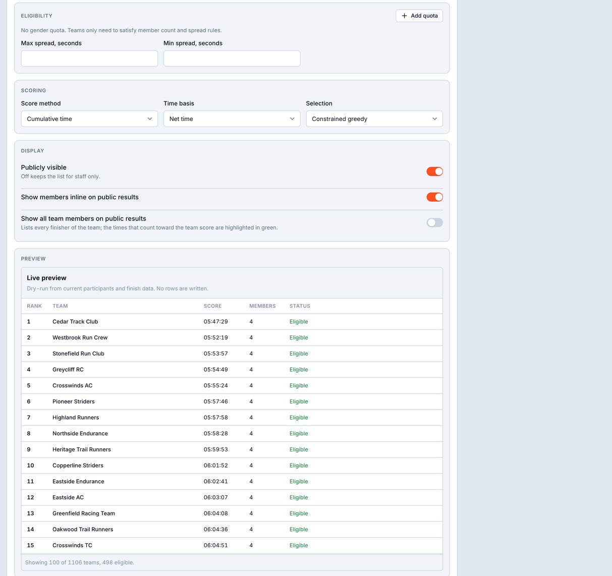Team ranking setup - teams from a participant field, team size and a live preview