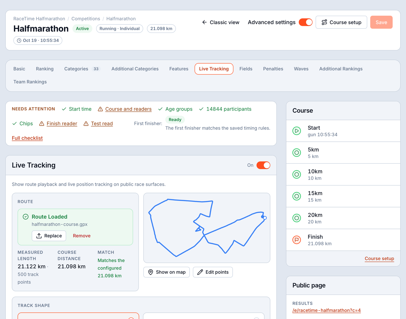 Live Tracking setup tab - enable map tracking, course-record pacer per gender, a loaded GPX route whose measured length matches the configured distance, and a 'runs on laps' option