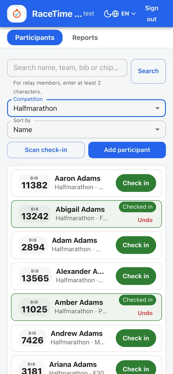 Onsite app participant list with Check in buttons and runners already checked in