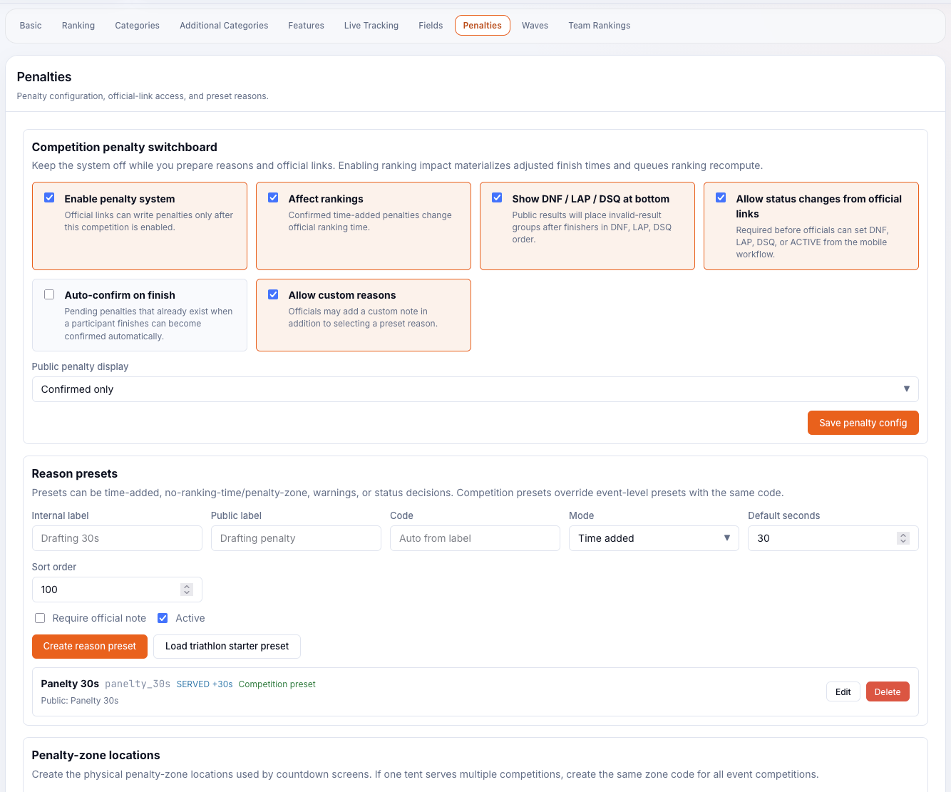 Competition penalty switchboard - toggles to enable the system, affect rankings and choose the public display mode, a reason-presets table and penalty-zone locations