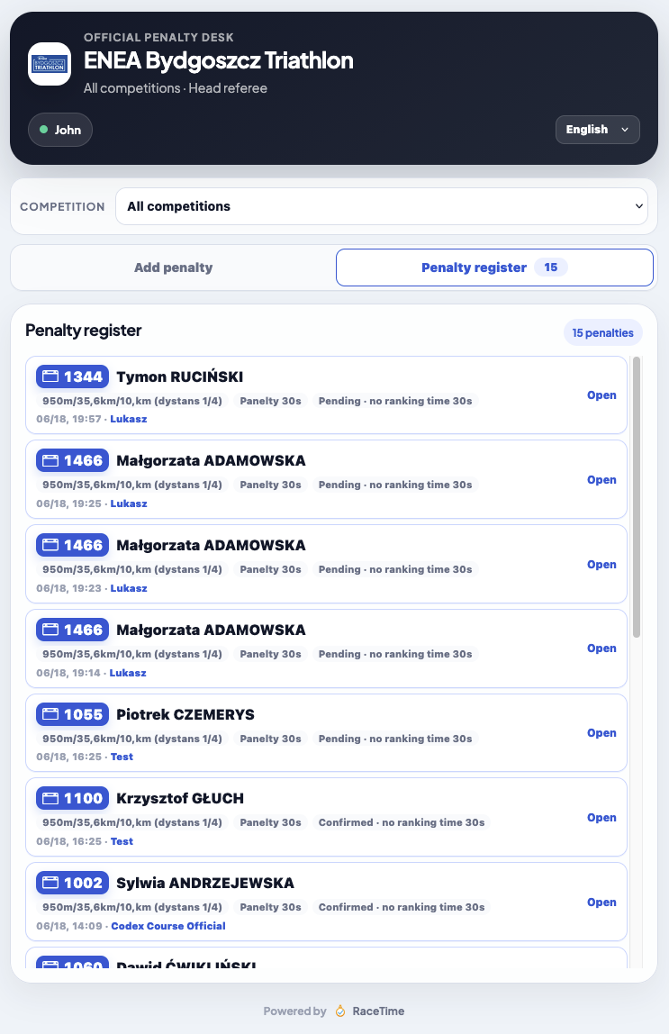 Mobile Penalty register - a per-athlete list with bib, name, pending/confirmed, '30s no ranking time' and who issued each penalty