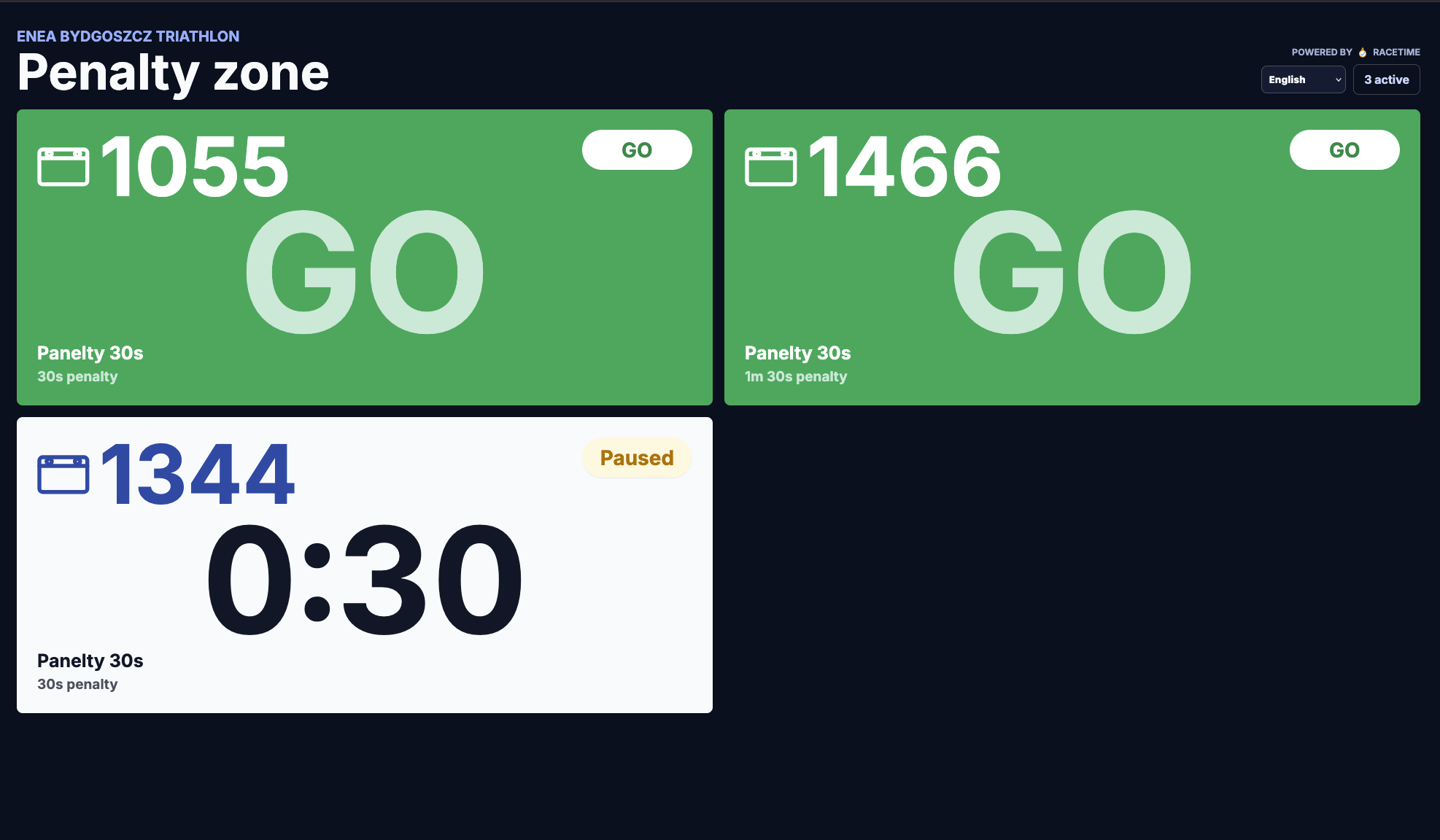 Penalty-zone big-screen display - dark layout with large GO cards and a 0:30 countdown, readable across the tent