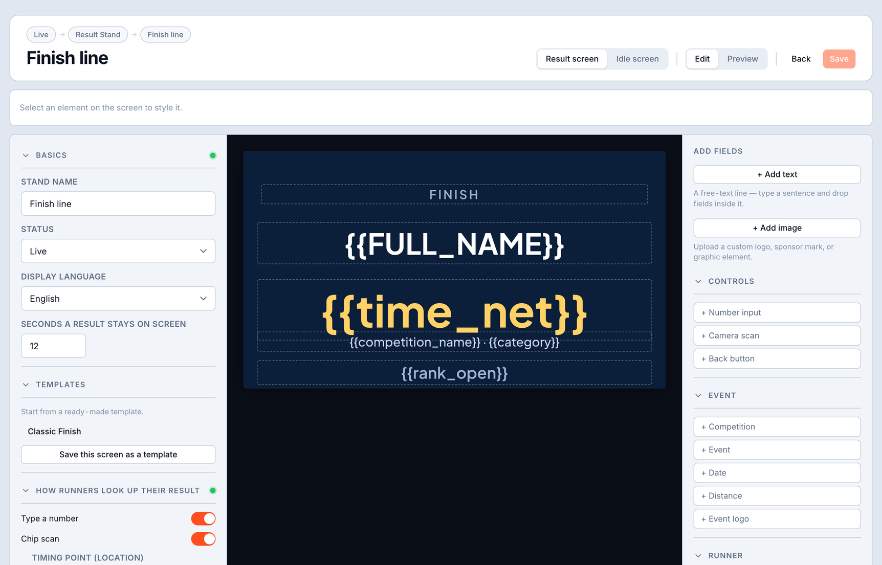 Result Stand editor - placeholders for bib and net time, plus stage time fields, on a designed background