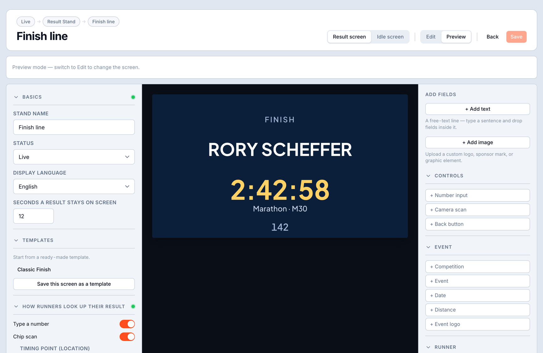 Result Stand result screen
